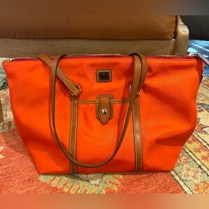 Large Nylon Dooney & Bourke Wayfarer Tote in “Persimmon” w/Brown Leather Straps